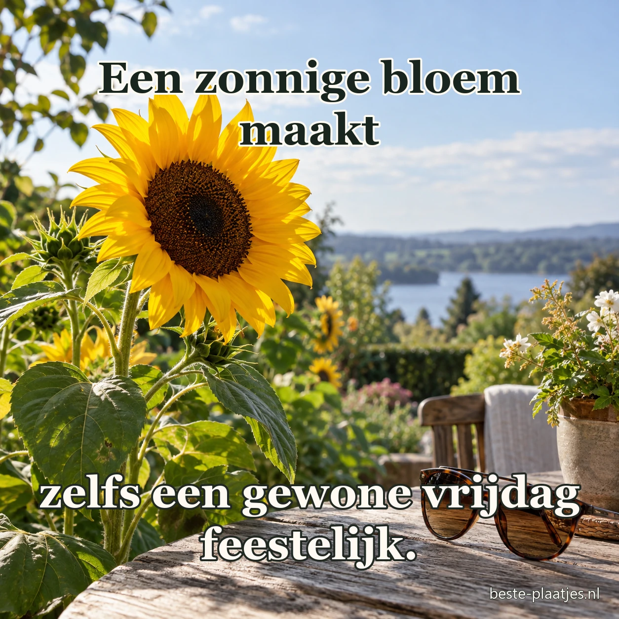 Een zonnebloem groeit naast een tuintafel met een zonnebril. Een zonnebloem groeit naast een tuintafel met een zonnebril.