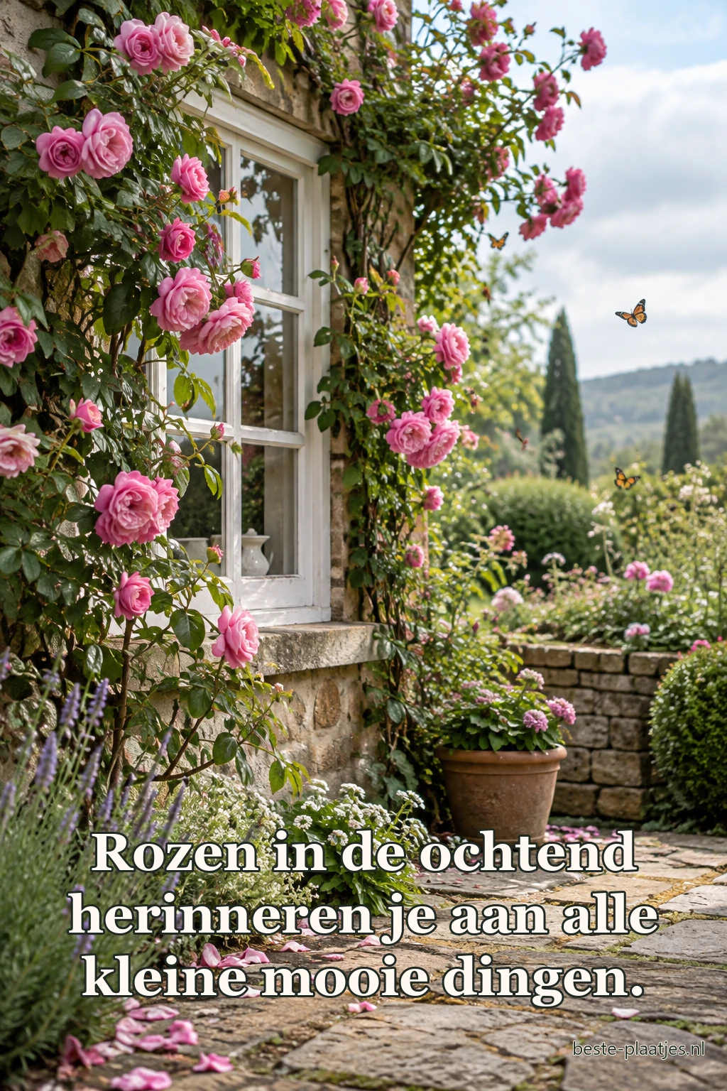 Roze rozen groeien rond een oud tuinraam. Roze rozen groeien rond een oud tuinraam.