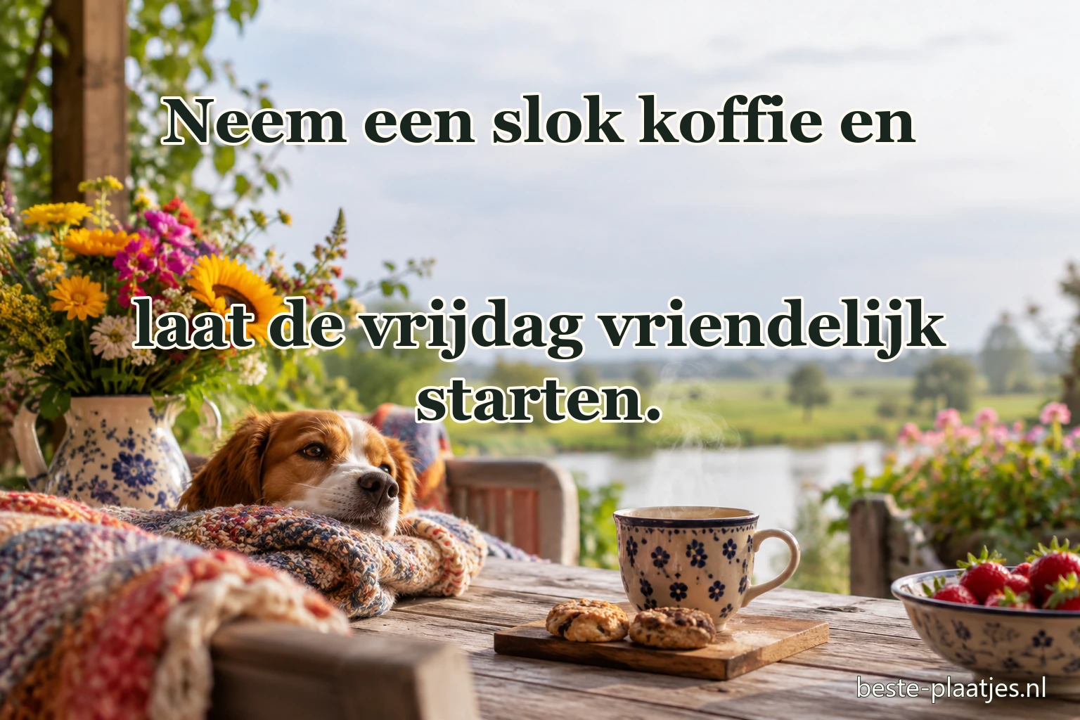 Een kop warme koffie staat naast een rustende hond op de veranda. Een kop warme koffie staat naast een rustende hond op de veranda.