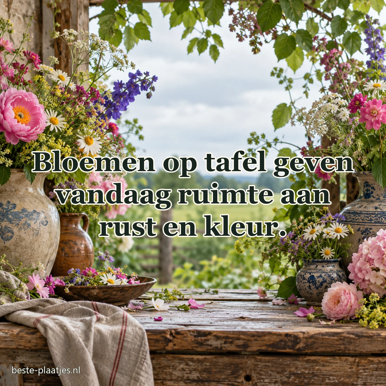 Een veldboeket staat in eenvoudige keramische potten op een tafel. Een veldboeket staat in eenvoudige keramische potten op een tafel.