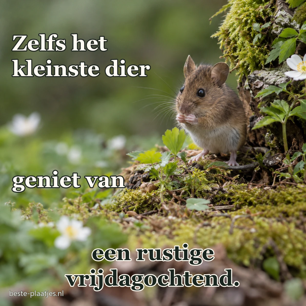 Een veldmuis verschuilt zich tussen kleine wilde bloemen. Een veldmuis verschuilt zich tussen kleine wilde bloemen.