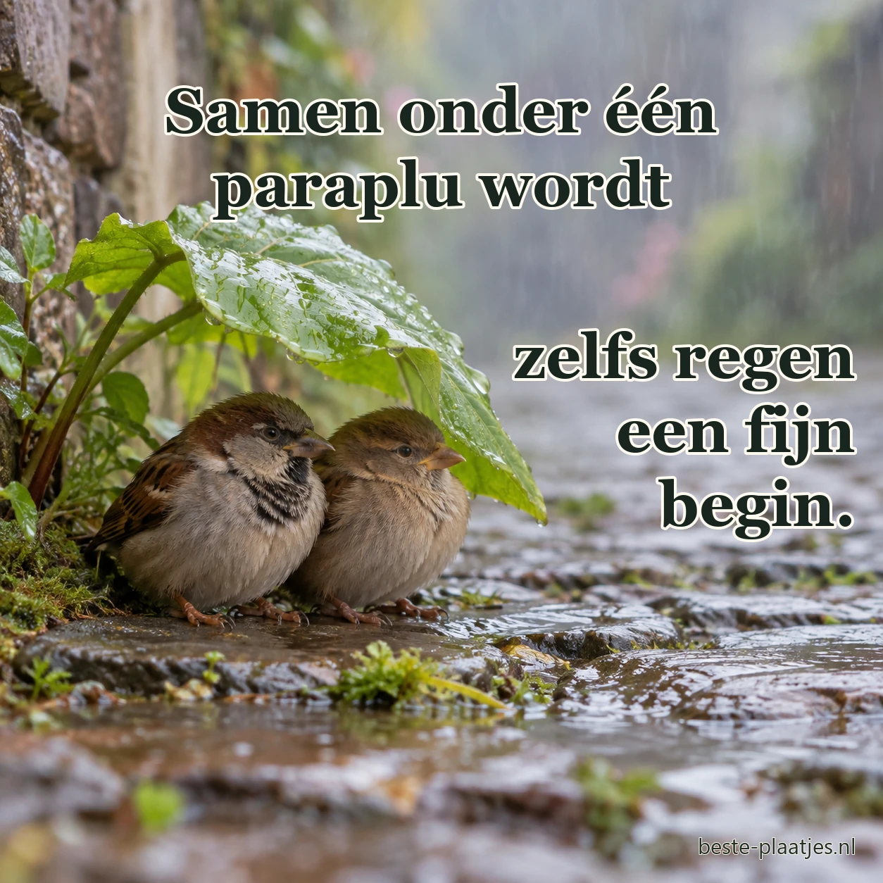 Twee vogels schuilen samen onder een blad tijdens de regen. Twee vogels schuilen samen onder een blad tijdens de regen.