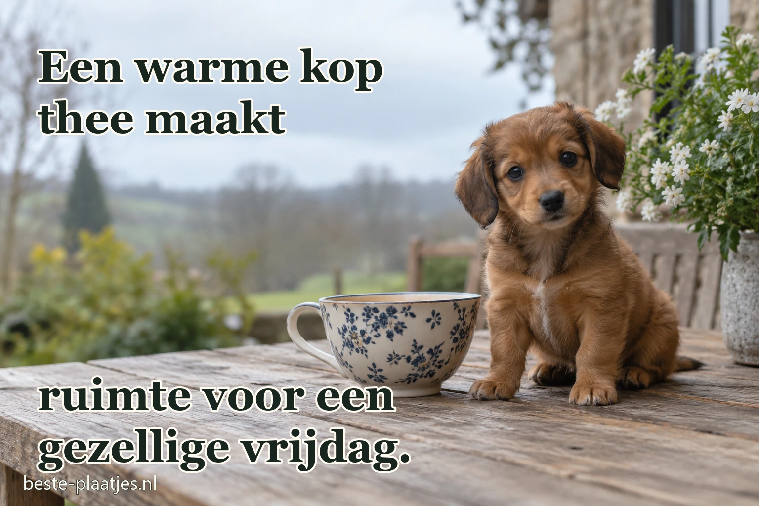 Een kleine pup zit naast een grote kop thee op tafel. Een kleine pup zit naast een grote kop thee op tafel.