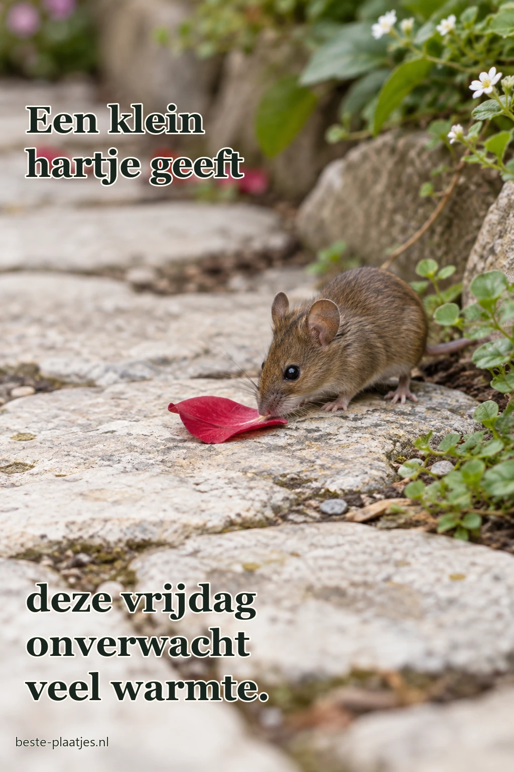 Een veldmuis onderzoekt een rood bloemblaadje op een tuinpad. Een veldmuis onderzoekt een rood bloemblaadje op een tuinpad.