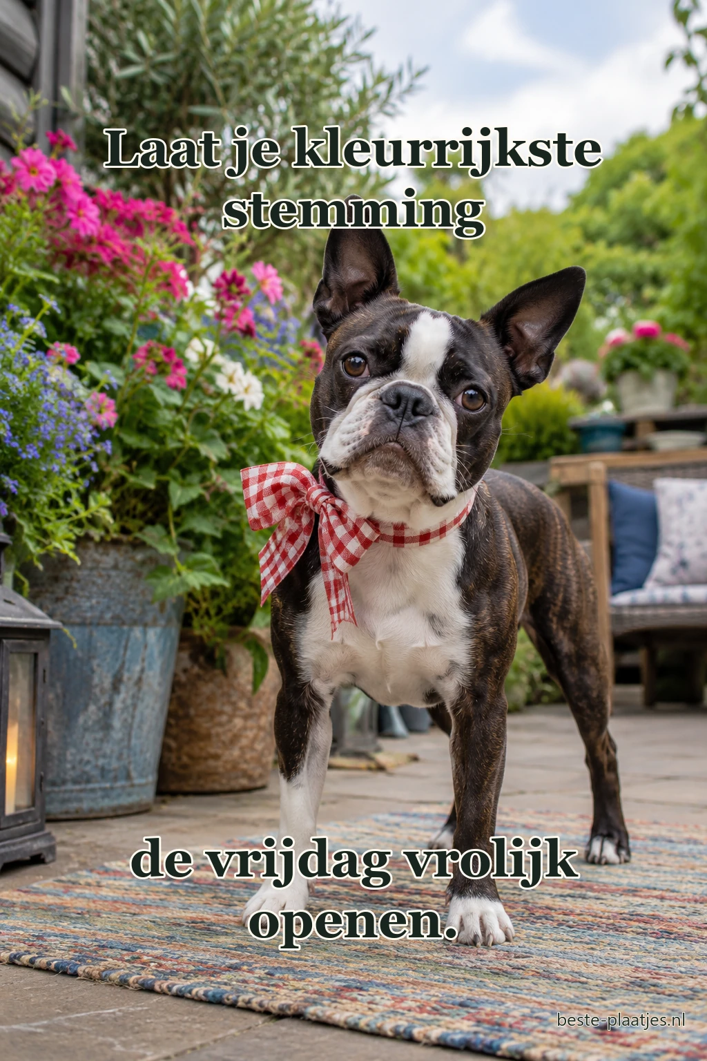 Een hond met feestelijk lint zit op een kleurrijk terras. Een hond met feestelijk lint zit op een kleurrijk terras.