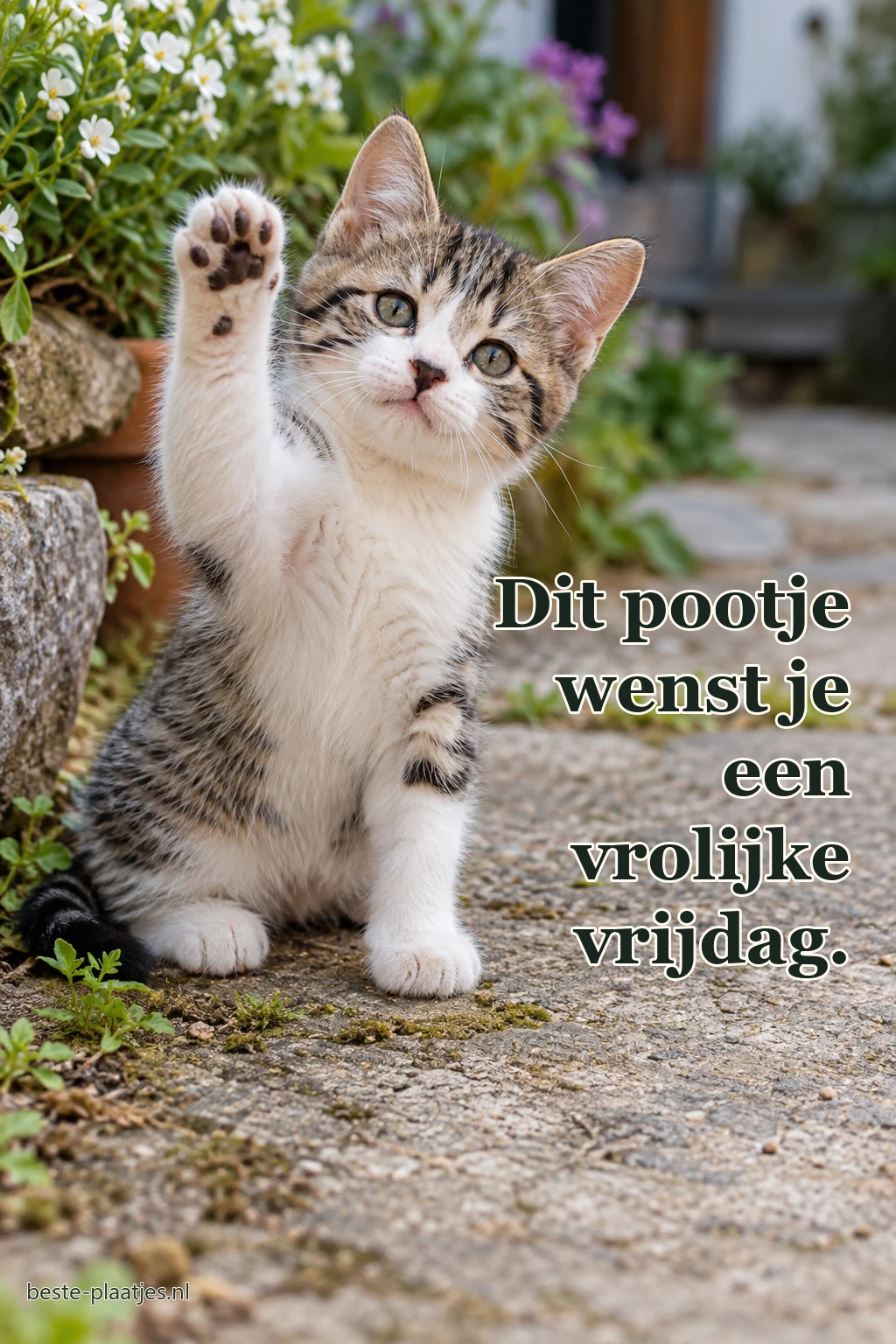 Een kitten heft zijn poot op in een groene tuin. Een kitten heft zijn poot op in een groene tuin.