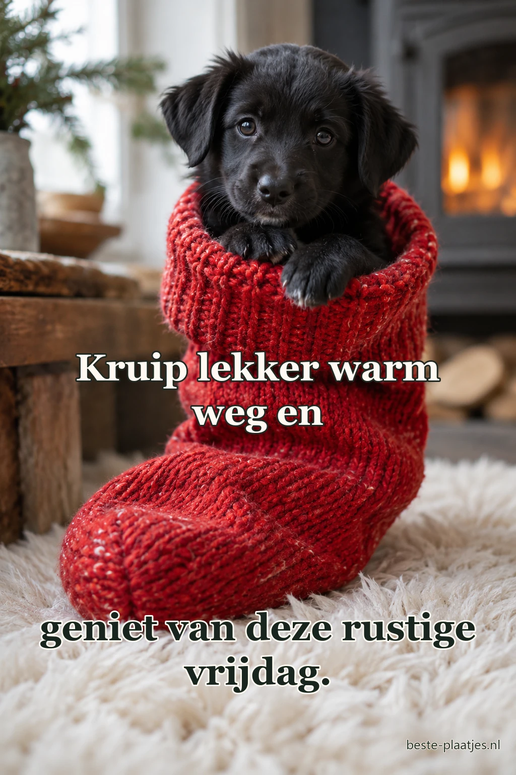 Een zwarte pup rust warm tussen een rode wollen deken. Een zwarte pup rust warm tussen een rode wollen deken.