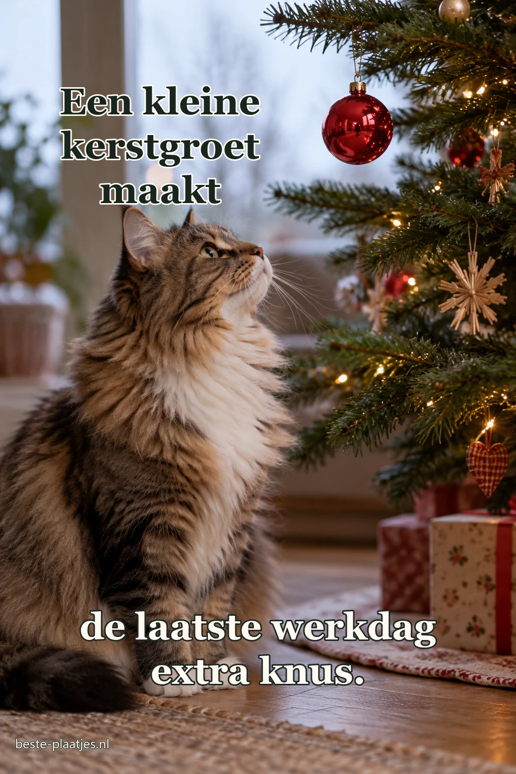 Een langharige kat kijkt naar een rode kerstbal onder de boom. Een langharige kat kijkt naar een rode kerstbal onder de boom.