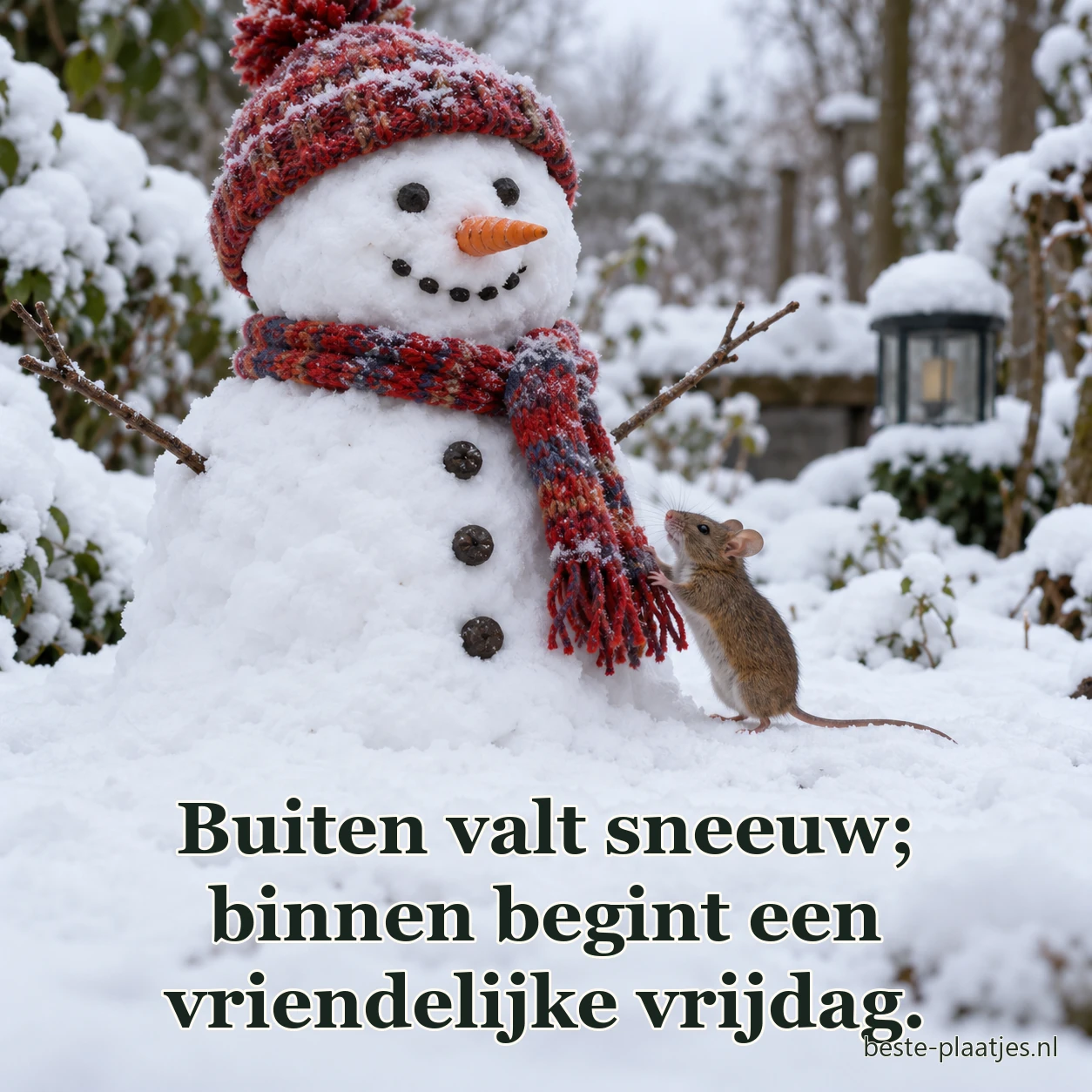 Een sneeuwpop staat met een kleine muis in een wintertuin. Een sneeuwpop staat met een kleine muis in een wintertuin.