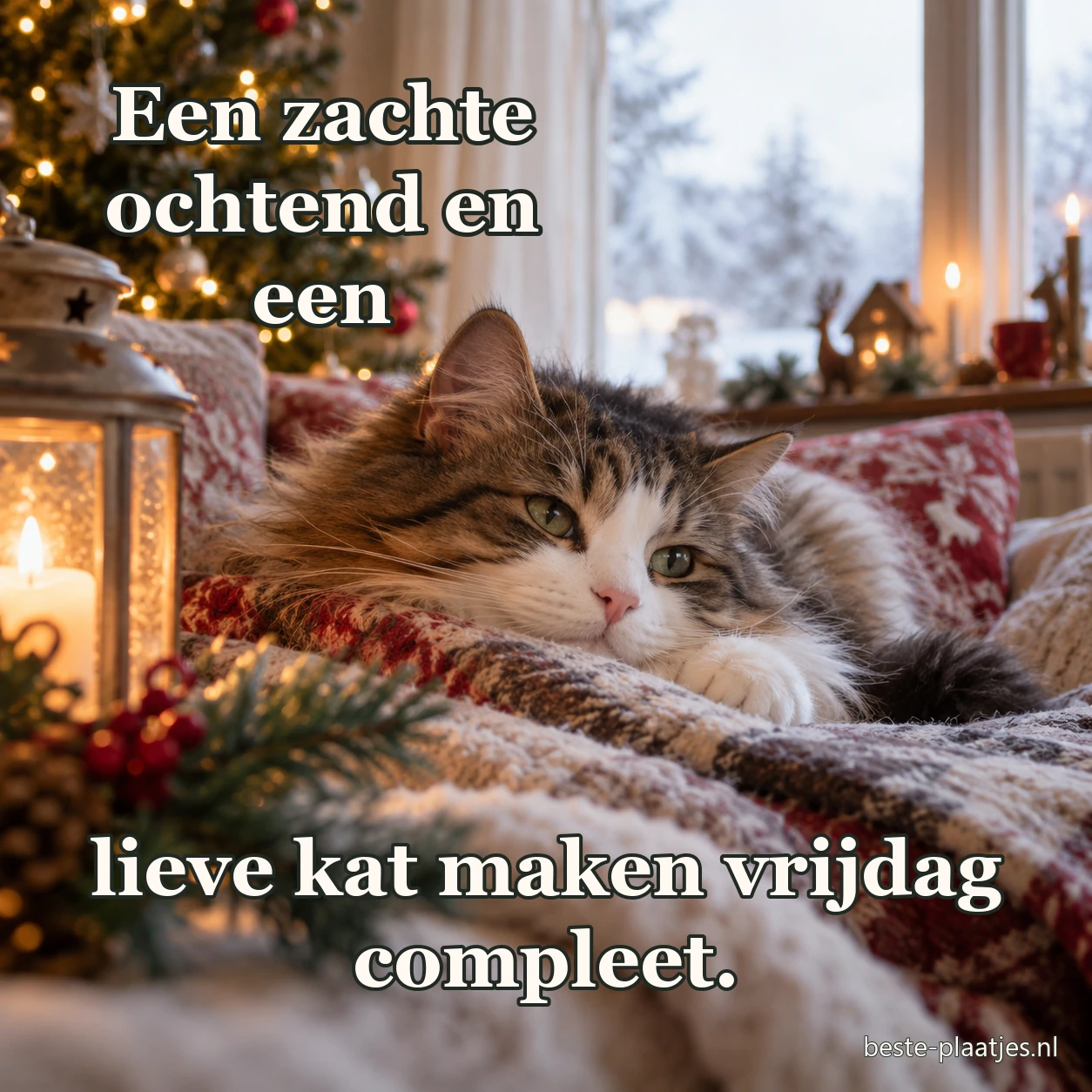 Een kat rust zacht onder een kerstdeken in het ochtendlicht. Een kat rust zacht onder een kerstdeken in het ochtendlicht.
