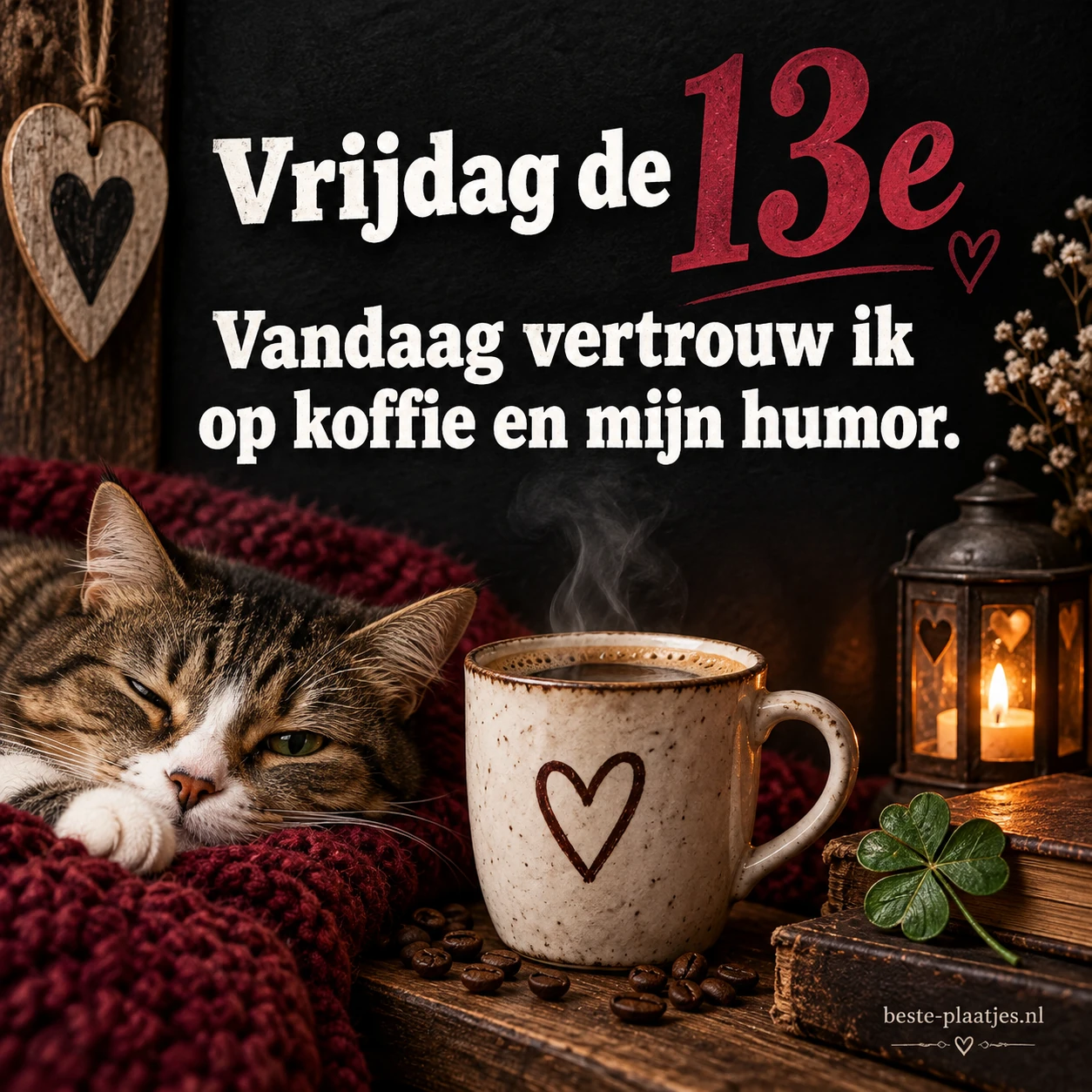 Een kaart met een rood getal 13, een kat en koffie geeft een luchtige knipoog aan vrijdag de dertiende.