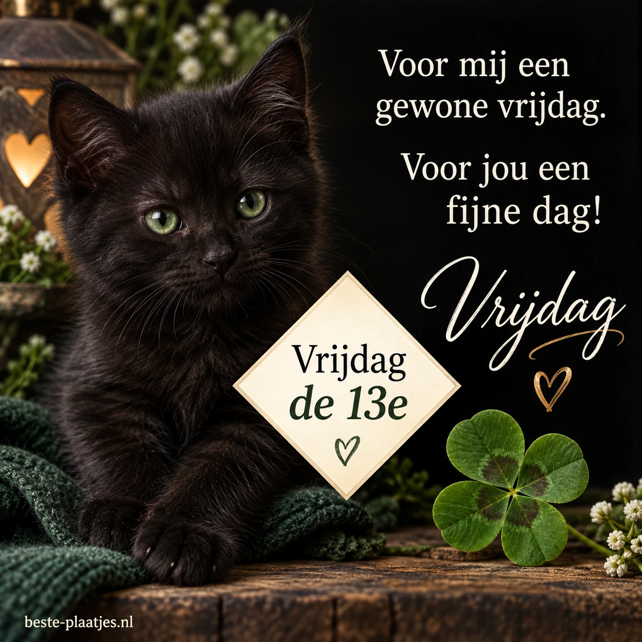 Een zwart kitten en een licht ruitvormig vlak brengen een geruststellende vrijdagwens.