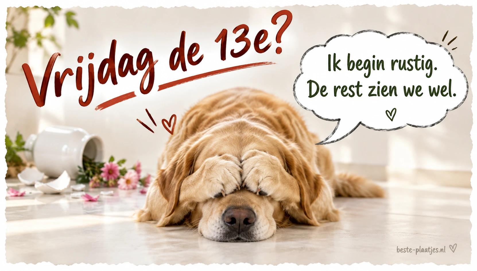Een slapende hond met zijn poten bij zijn ogen geeft vrijdag de 13e een rustige, grappige draai.