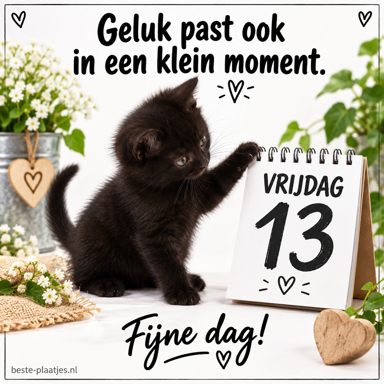 Een zwart kitten bij een kalender met vrijdag 13 maakt van de datum een speels moment.