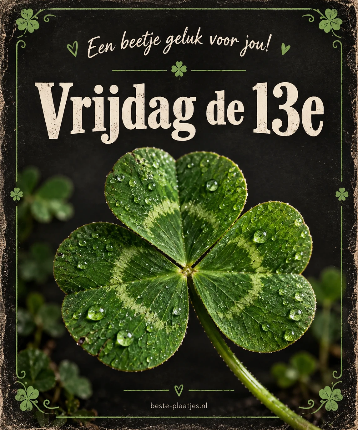 Een groene vierbladige klaver op een donkere kaart brengt een gelukwens voor vrijdag de 13e.