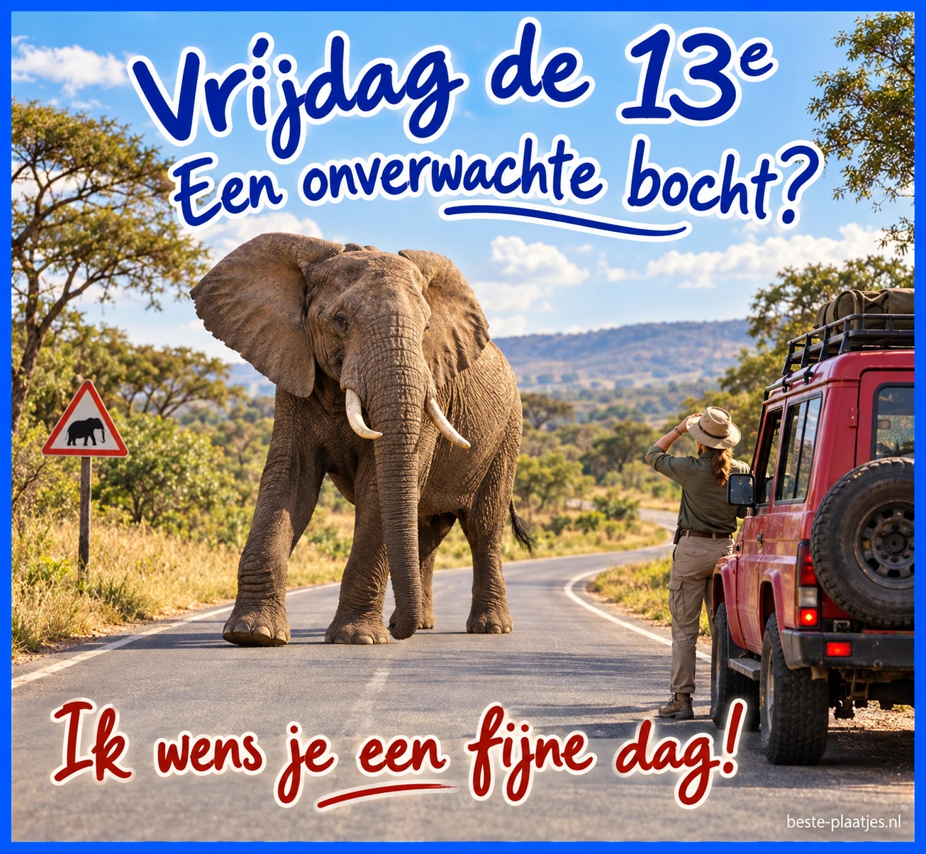 Een olifant bij een stilstaande rode auto geeft een onverwachte wending aan een vrijdaggroet.