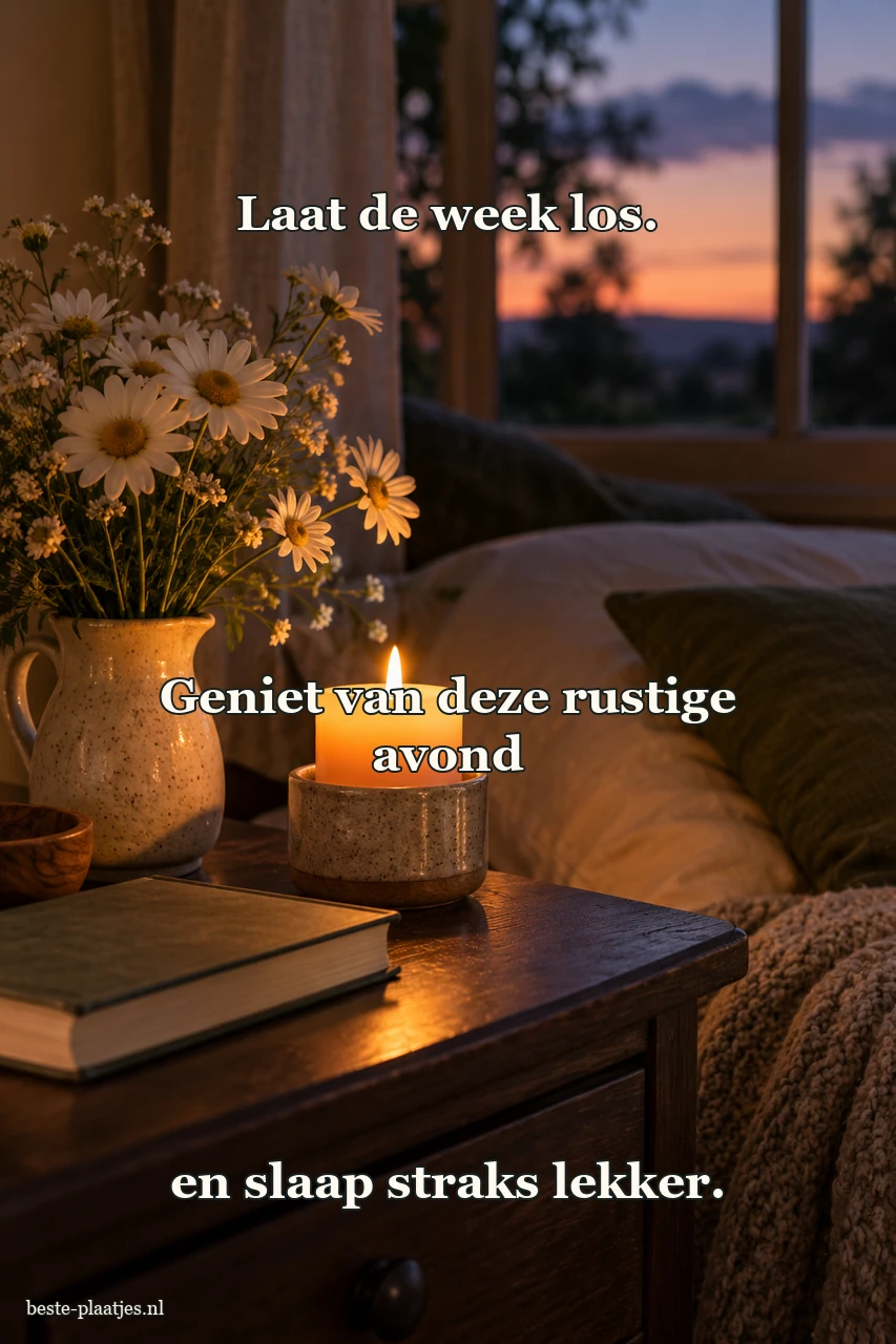 Een brandende kaars staat bij margrieten en een boek.