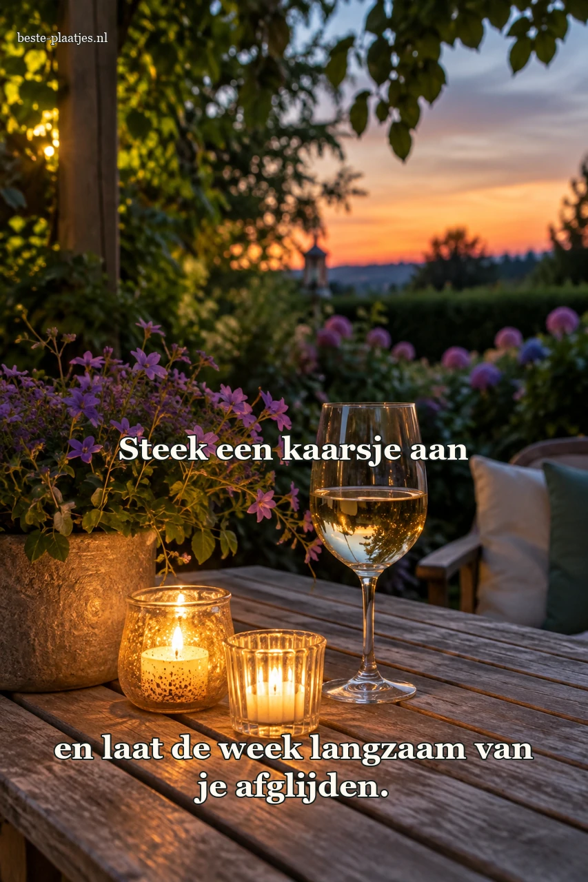 Twee kaarsen en een wijnglas staan op een tuintafel in de schemering.
