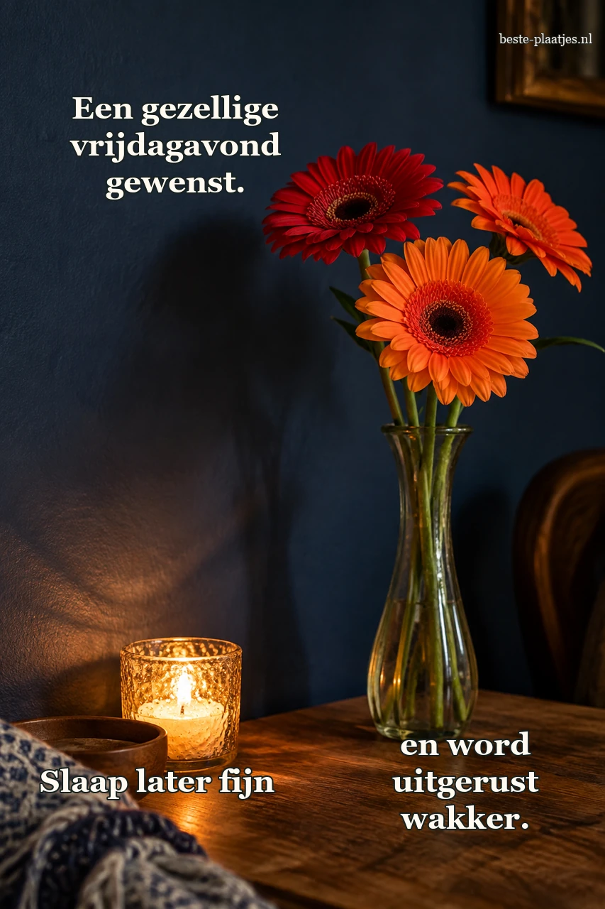 Drie gerbera's staan in een vaas tegen een diepblauwe muur.