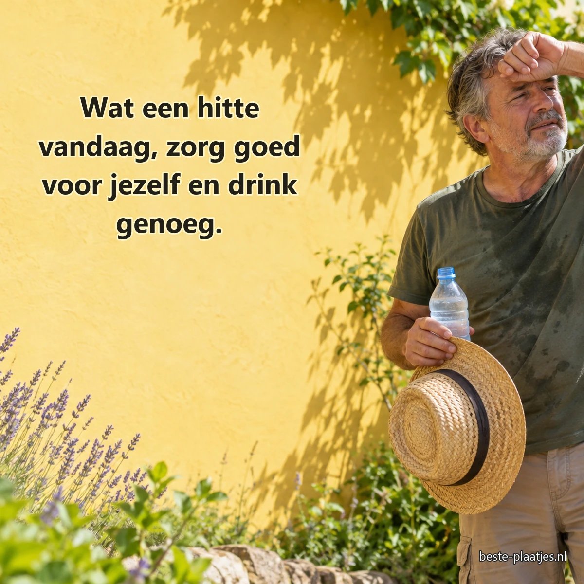 Een bezwete tuinman rust met water en een strohoed bij een gele muur.