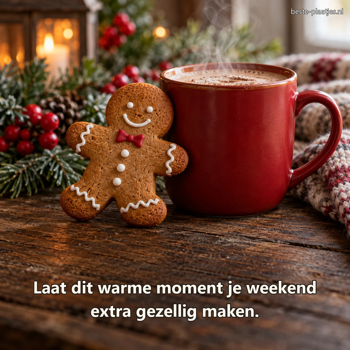 Een handgemaakt koekfiguurtje staat naast een dampende rode mok op een houten tafel.