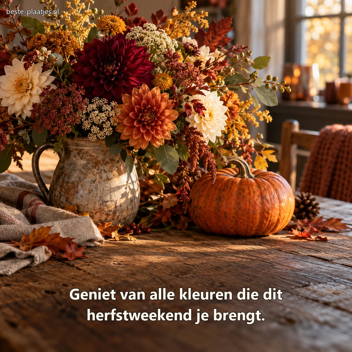 Een kleine pompoen en warme herfstbloemen vormen een sfeervol tafelstuk.