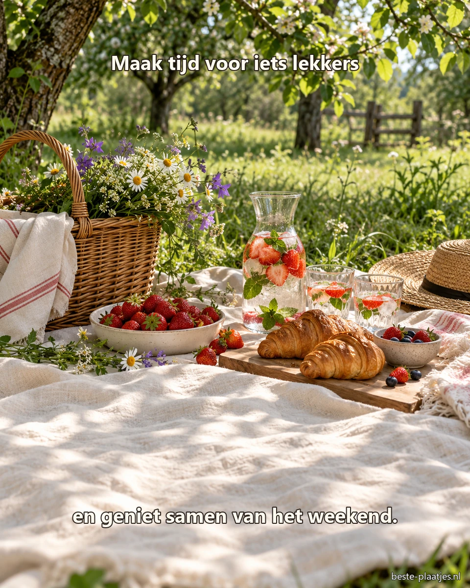 Aardbeien, croissants en fruitwater staan klaar voor een picknick in de boomgaard.