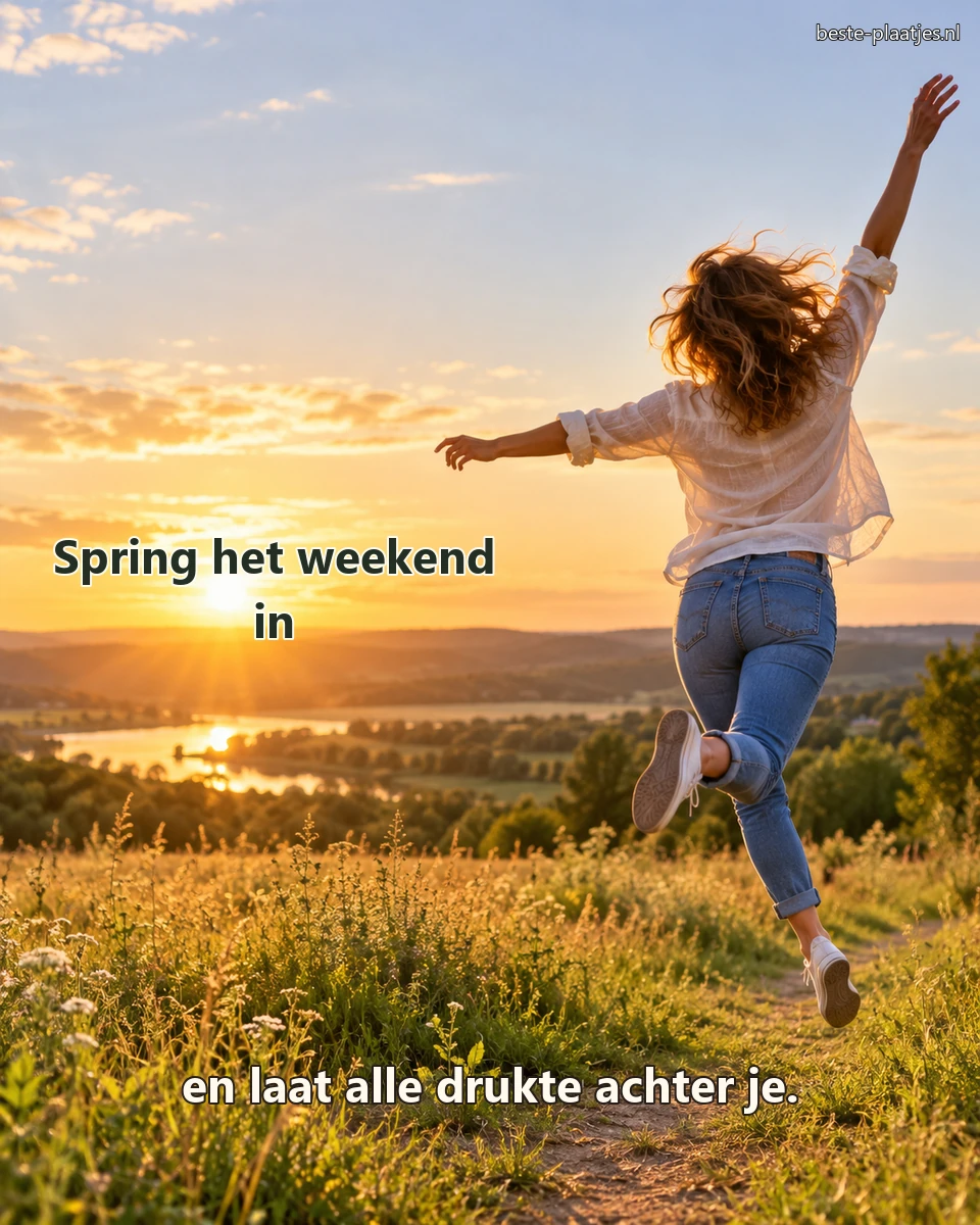 Een vrouw springt van blijdschap op een zonovergoten pad door de velden.