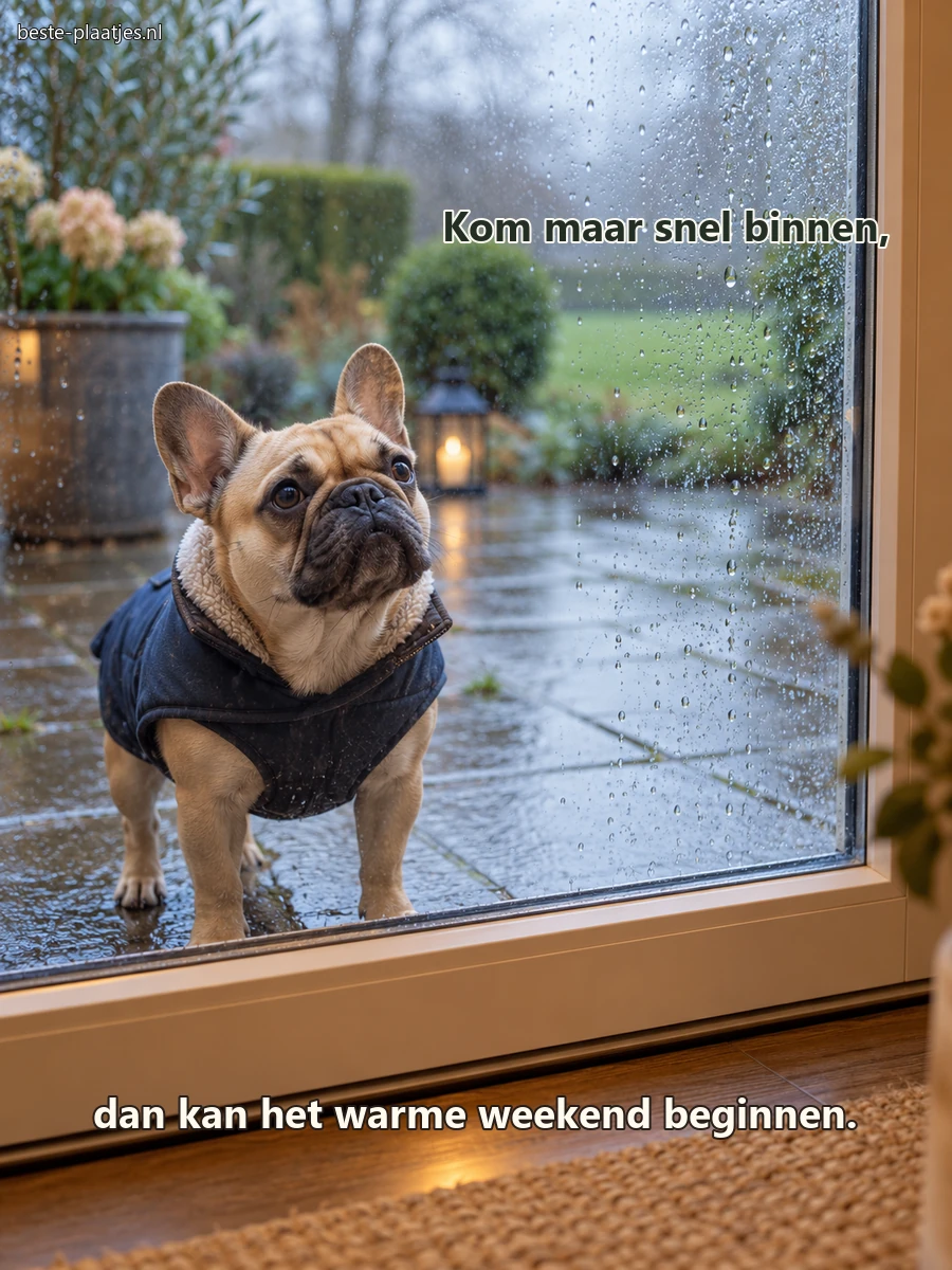 Een kleine buldog wacht in zijn jas voor een door regen bespatte tuindeur.