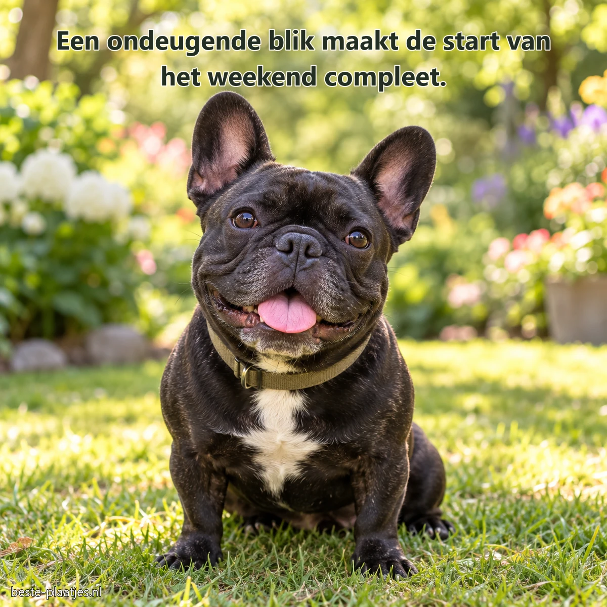 Een zwarte Franse buldog zit vrolijk met zijn tong uit in de tuin.