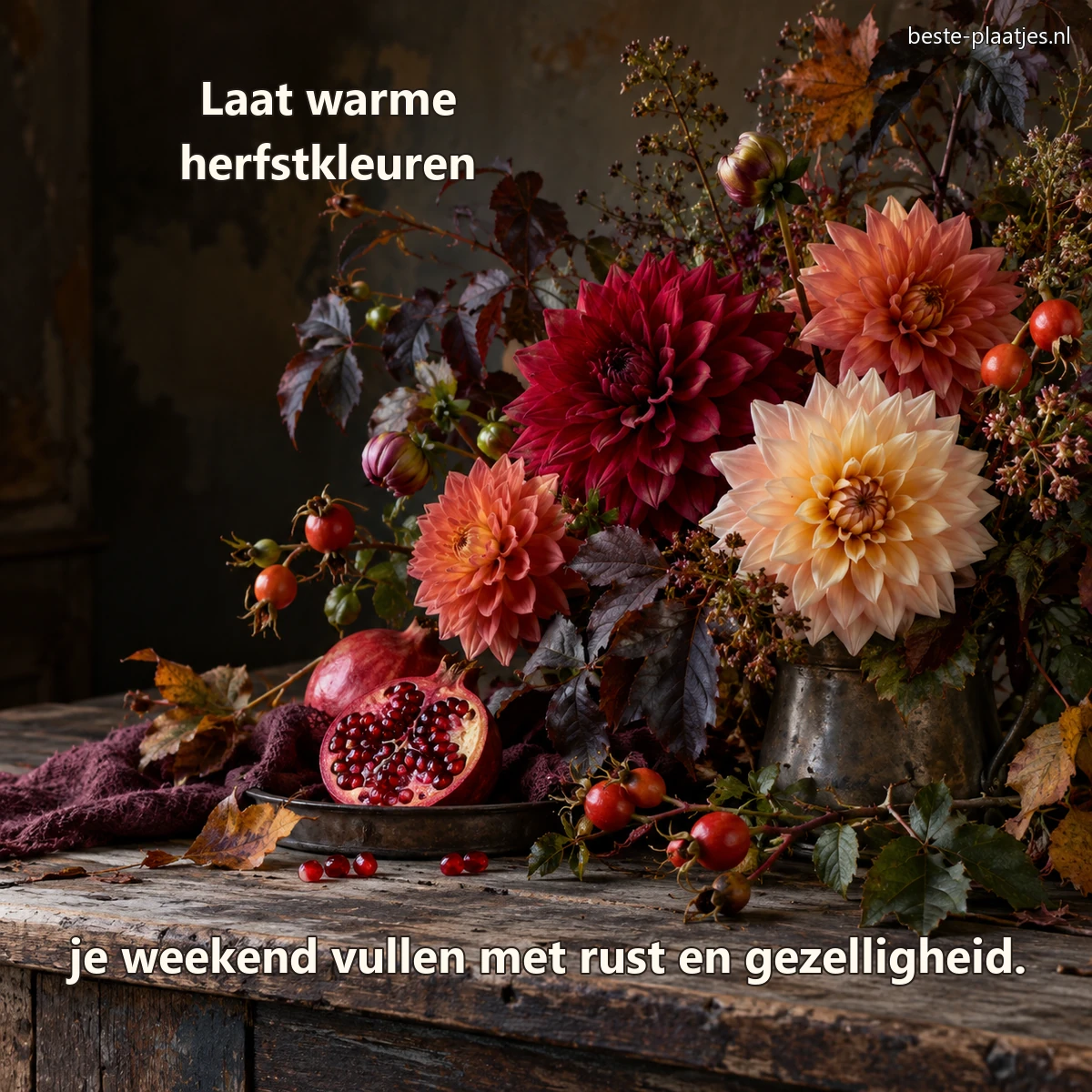 Dahlia's, rozenbottels en een open granaatappel vormen een donker herfststuk.