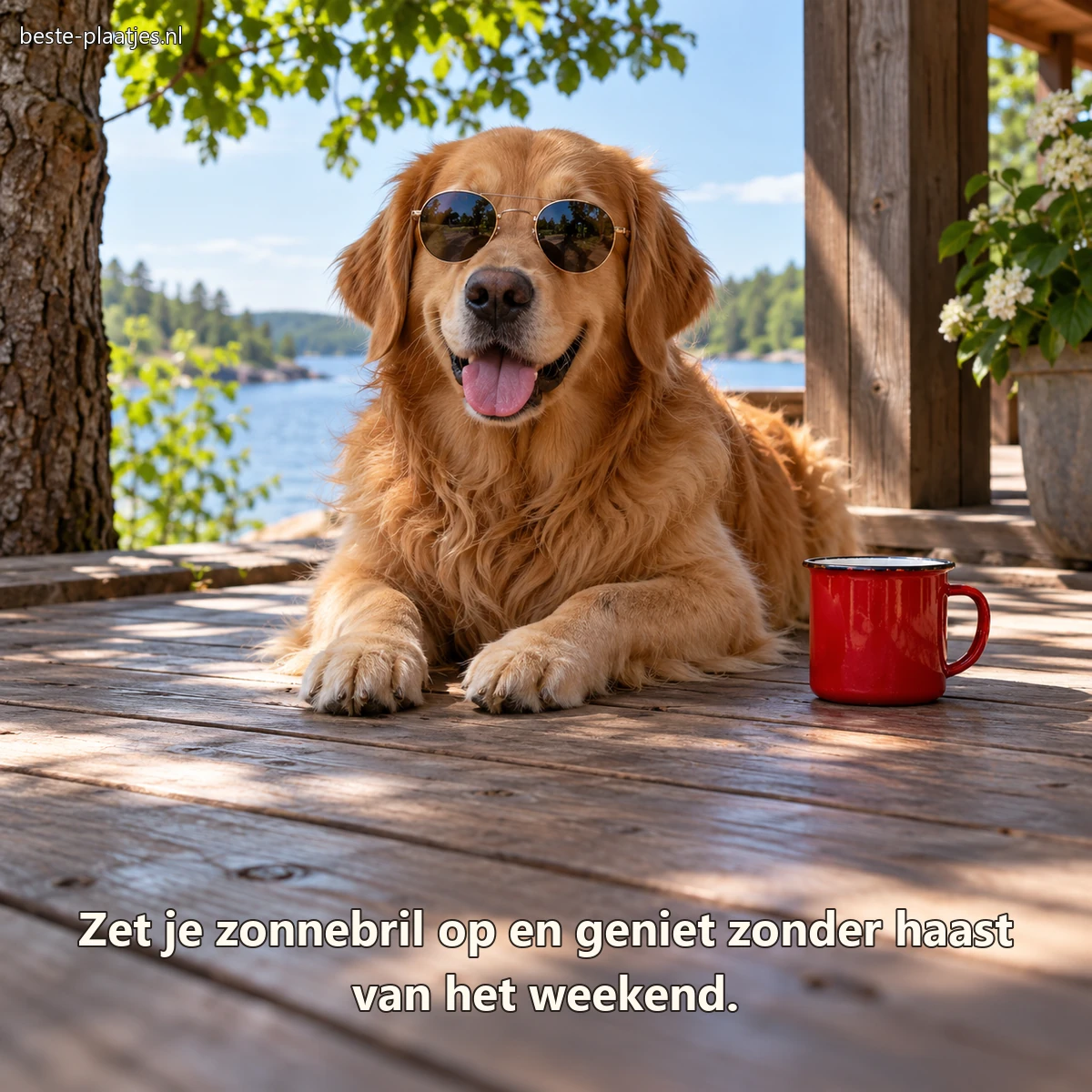 Een golden retriever rust met een zonnebril naast een rode mok op het terras.