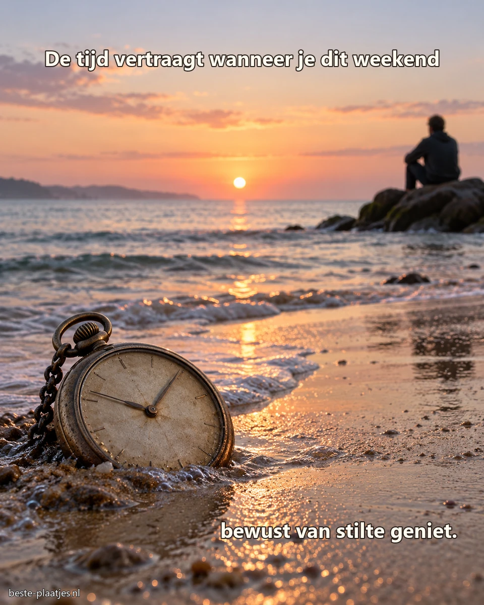 Een verweerd zakhorloge ligt in het zand terwijl iemand naar zee kijkt.