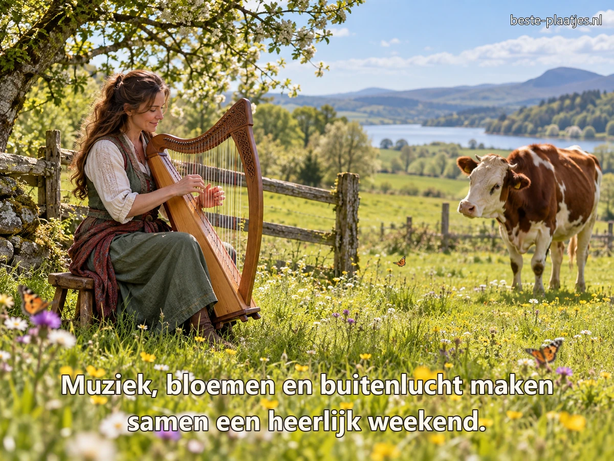 Een muzikante speelt harp in een bloemenweide terwijl een koe nieuwsgierig toekijkt.