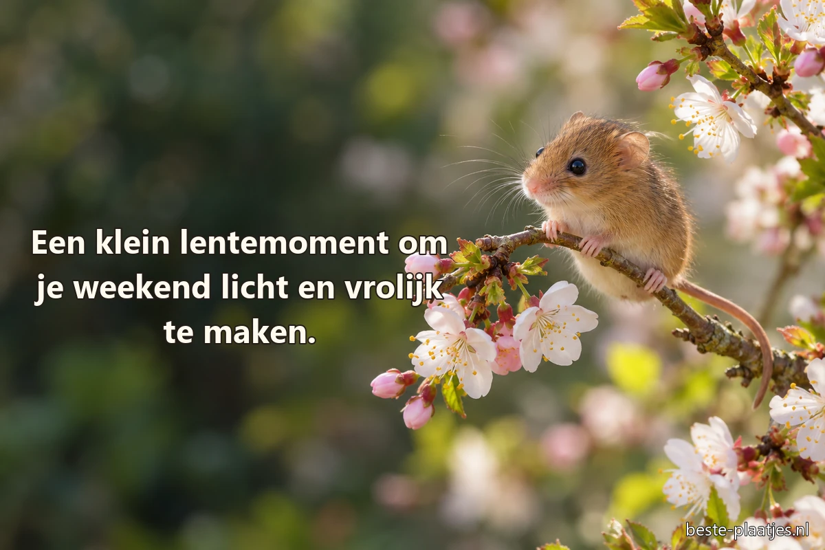 Een kleine veldmuis balanceert tussen roze bloesems op een dunne tak.