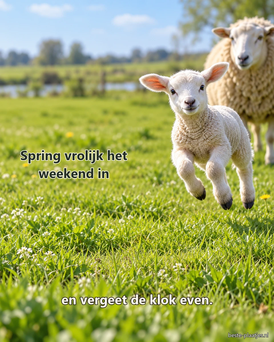 Een jong lam springt vrolijk door het gras met de kudde op de achtergrond.
