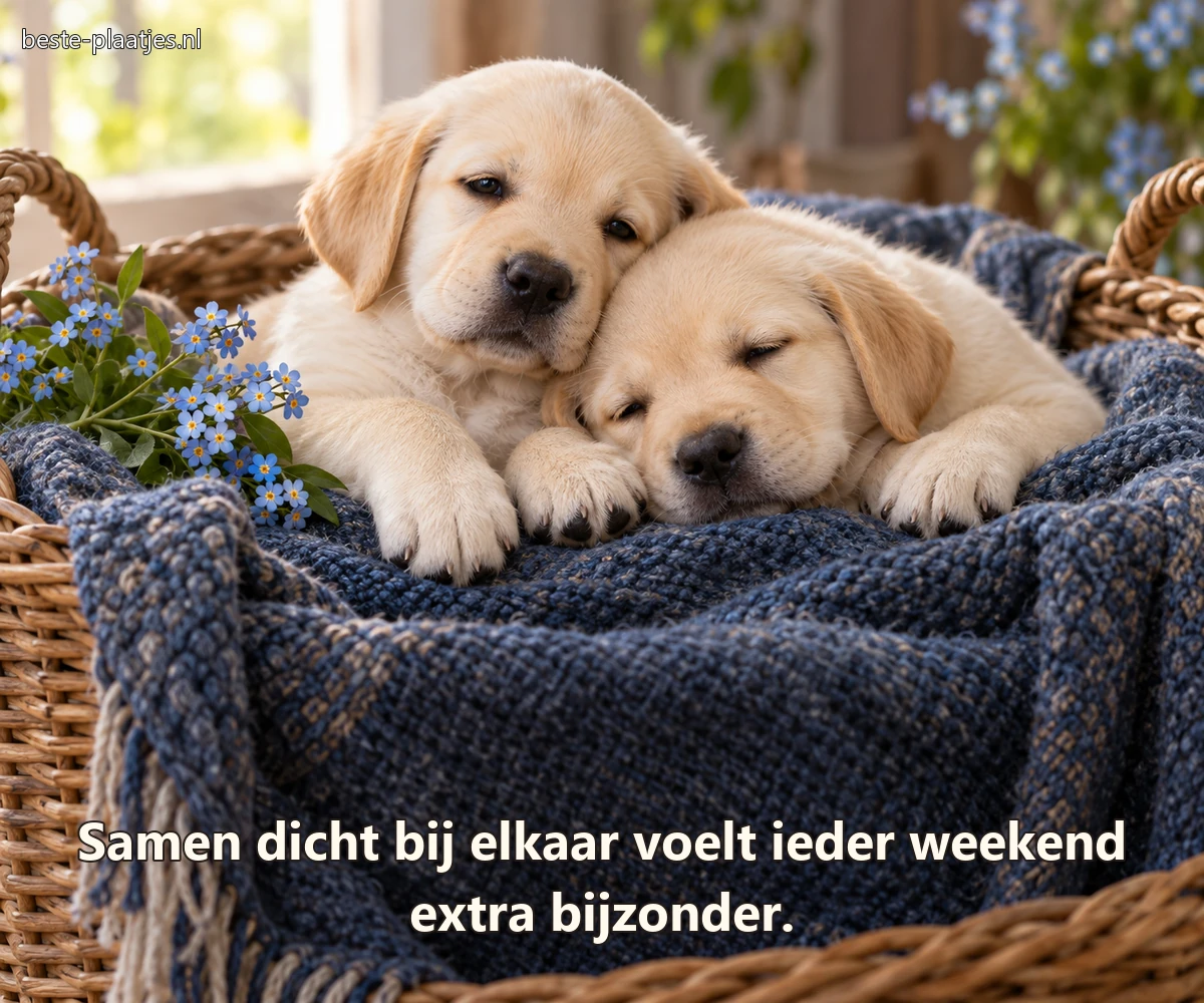 Twee labradorpups liggen dicht tegen elkaar in een mand met blauwe bloemen.