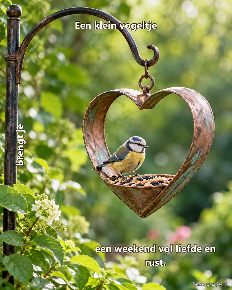 Een pimpelmees zit in een hartvormige koperen voederhanger tussen groen blad. Een pimpelmees zit in een hartvormige koperen voederhanger tussen groen blad.