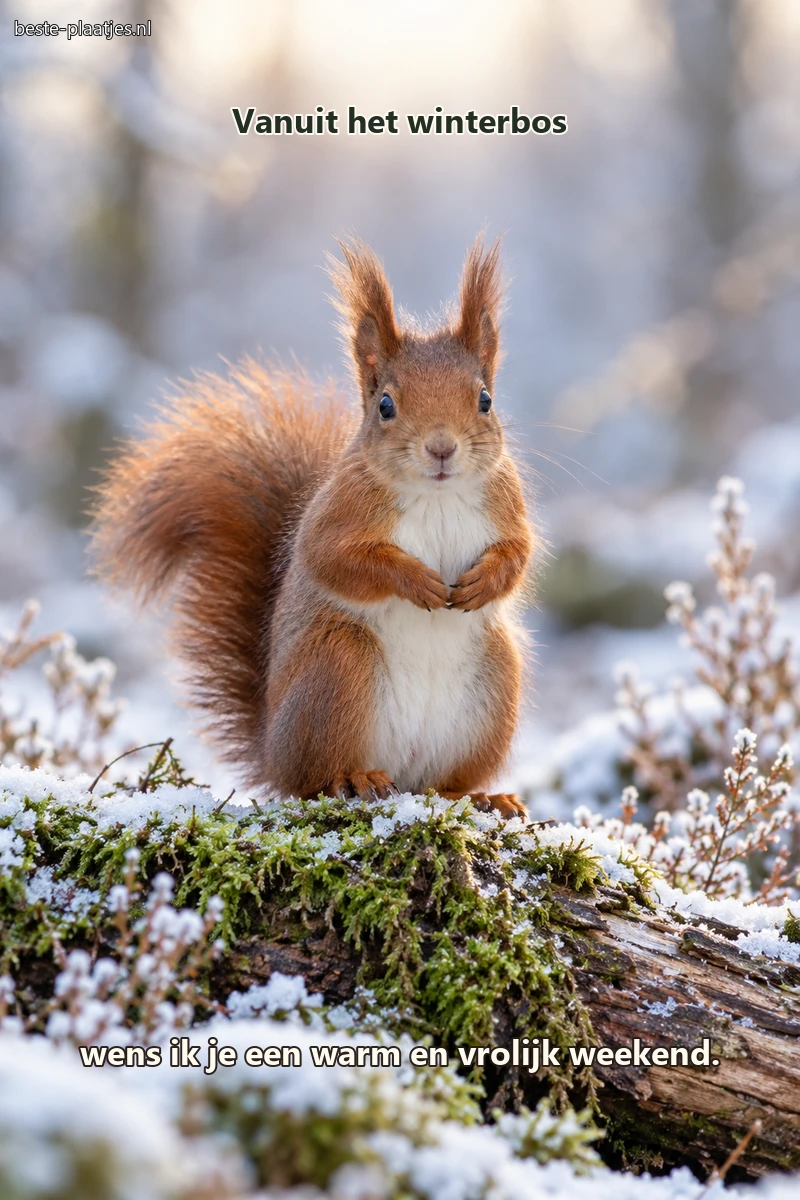 Een rode eekhoorn zit rechtop op een besneeuwde, bemoste boomstam. Een rode eekhoorn zit rechtop op een besneeuwde, bemoste boomstam.