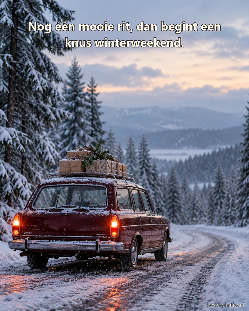 Een bordeauxrode stationwagen rijdt met ingepakte cadeaus door een winters bos. Een bordeauxrode stationwagen rijdt met ingepakte cadeaus door een winters bos.