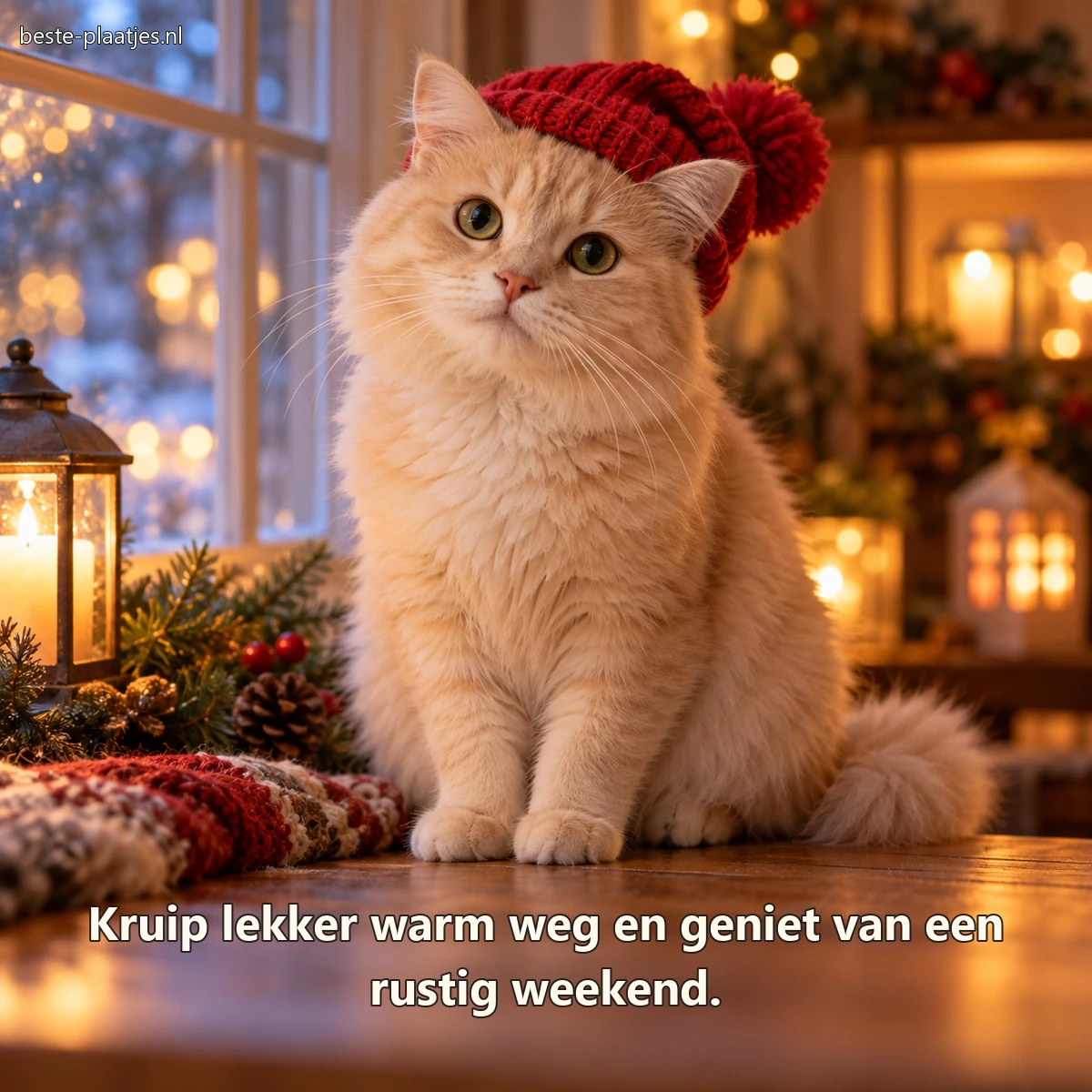 Een crèmekleurige kat draagt een losse rode wintermuts bij een warm raam. Een crèmekleurige kat draagt een losse rode wintermuts bij een warm raam.