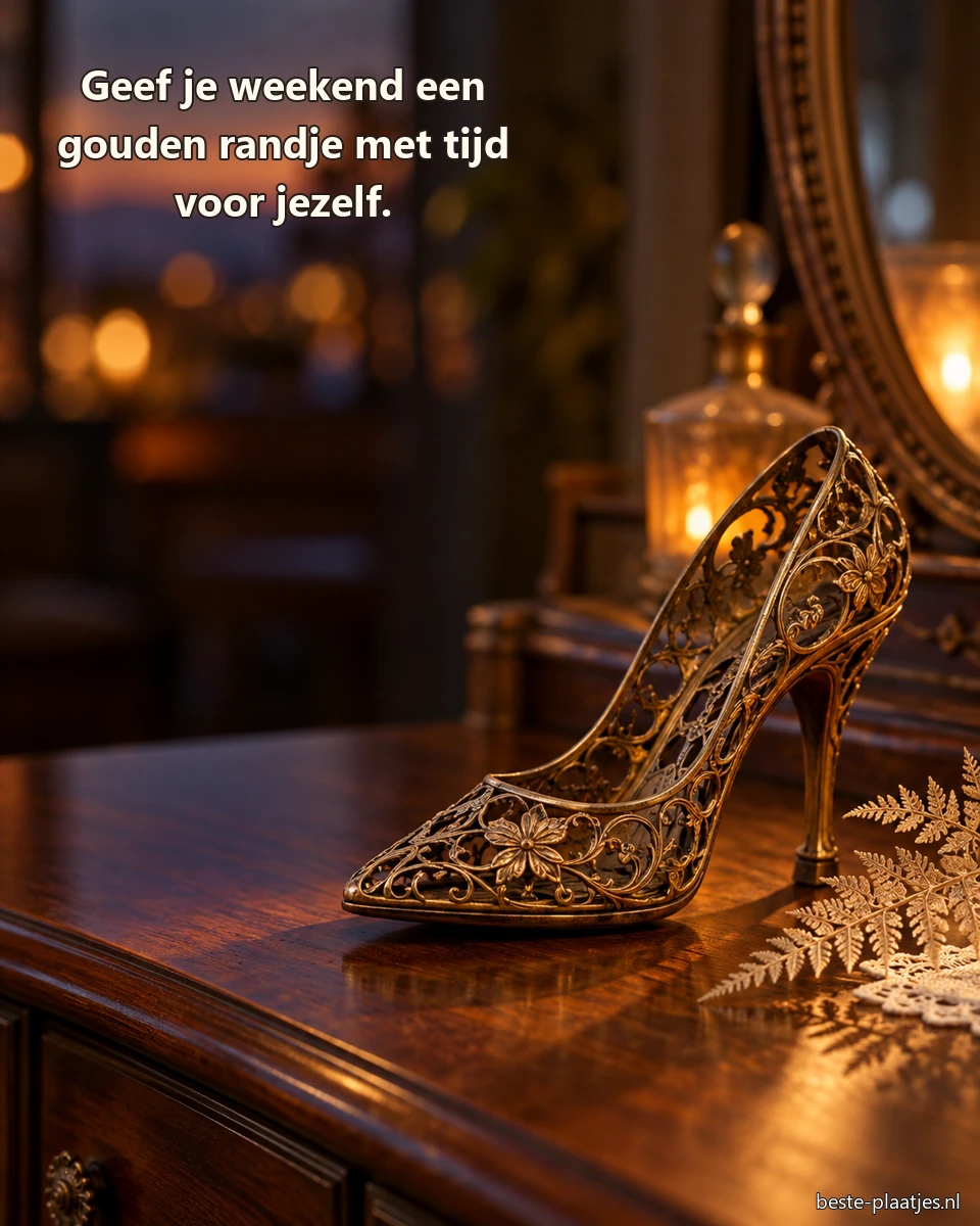 Een antieke messing schoen met filigraan staat op een houten kaptafel. Een antieke messing schoen met filigraan staat op een houten kaptafel.