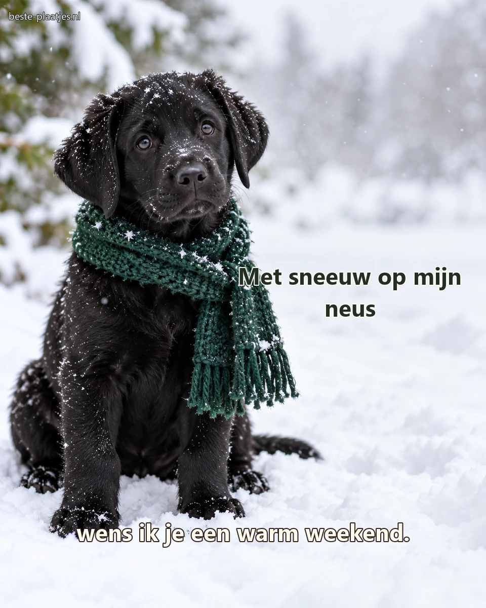 Een zwarte labradorpup met groene sjaal zit rustig in verse sneeuw. Een zwarte labradorpup met groene sjaal zit rustig in verse sneeuw.