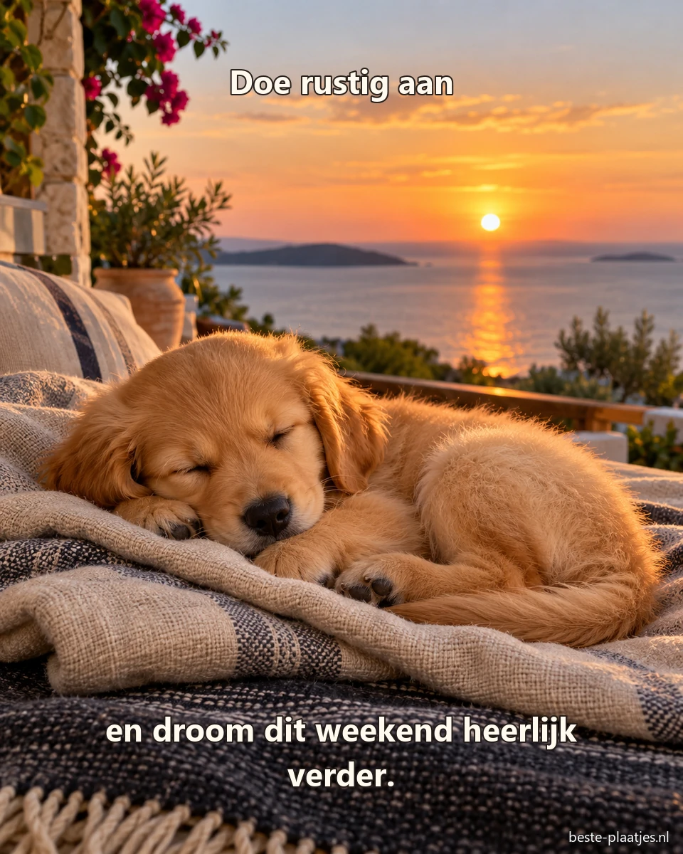 Een golden retrieverpup slaapt op linnen dekens met de zonsondergang boven zee. Een golden retrieverpup slaapt op linnen dekens met de zonsondergang boven zee.