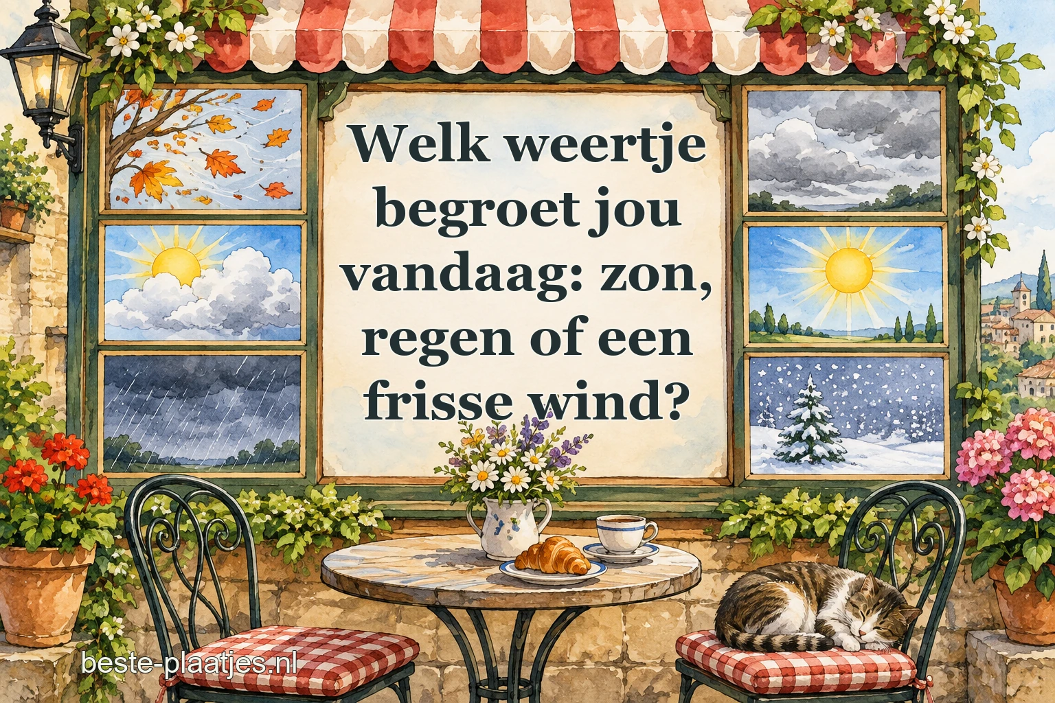Geschilderde weertafereeltjes omlijsten een rustige cafétafel met een slapende kat.