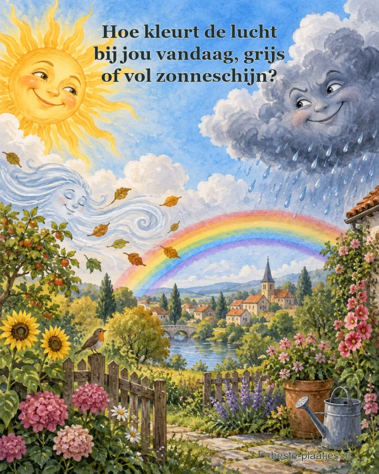 Een lachende zon en regenwolk kijken over een dorp met een regenboog.