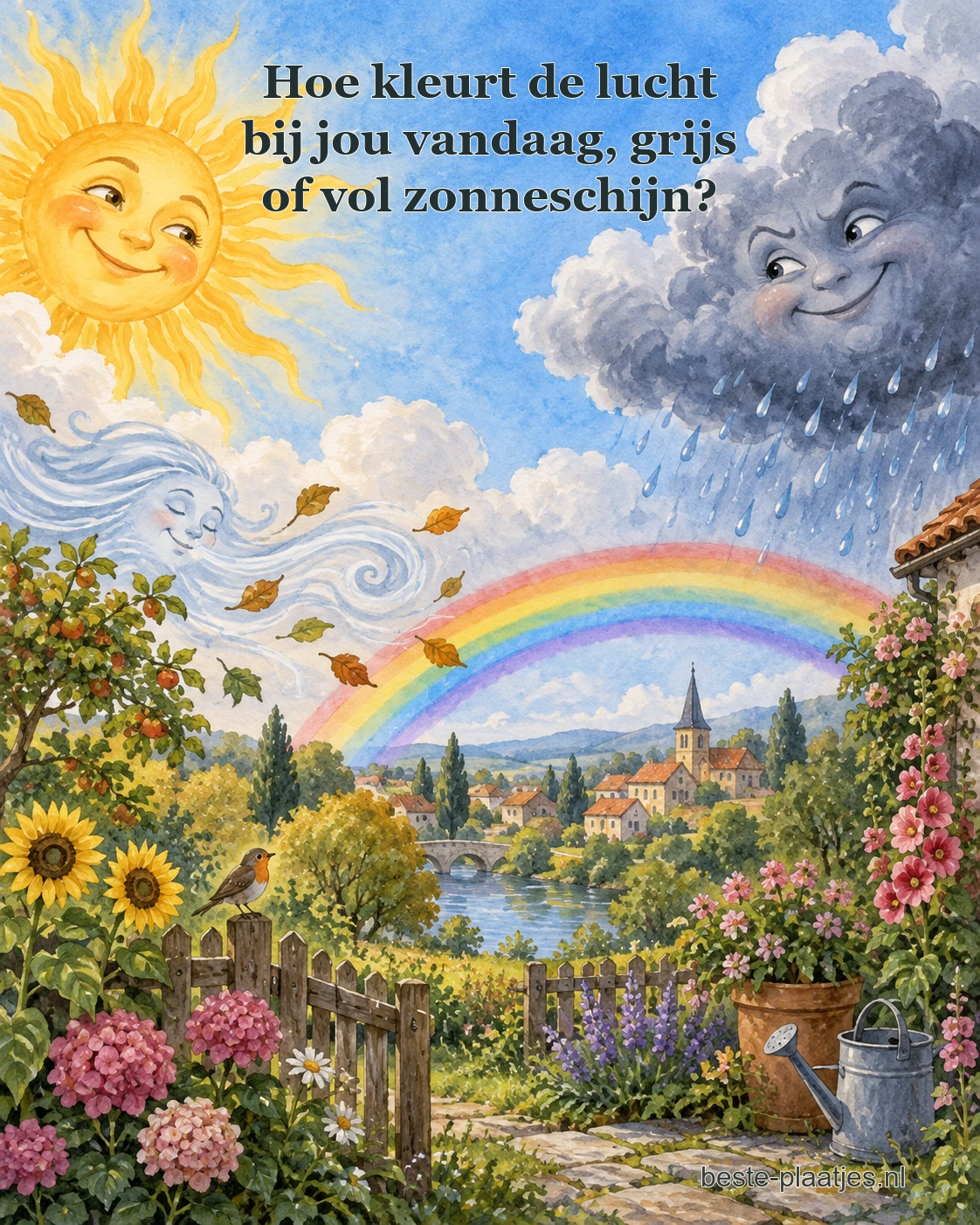 Een lachende zon en regenwolk kijken over een dorp met een regenboog.