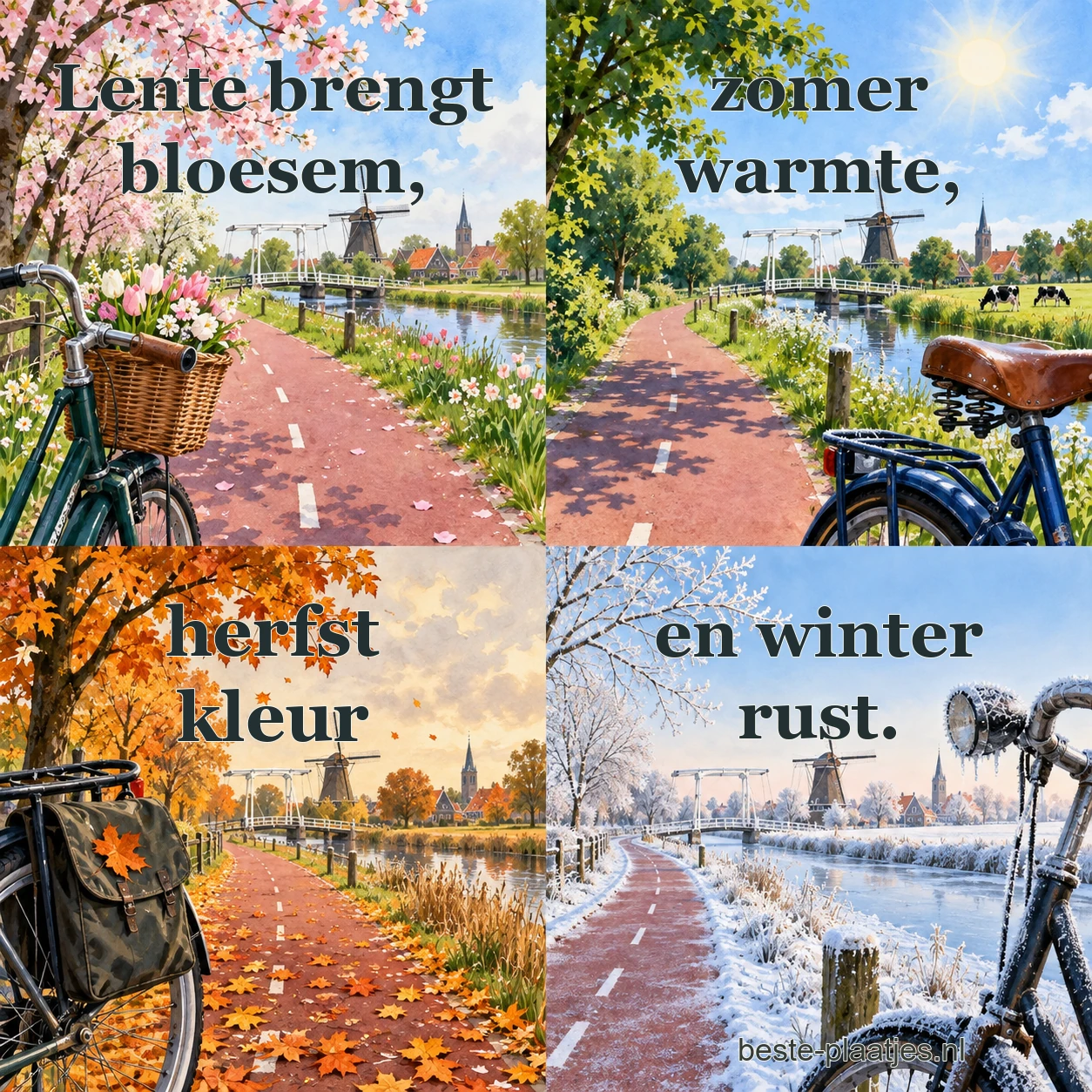 Hetzelfde Nederlandse fietspad verschijnt in vier verschillende seizoenen.