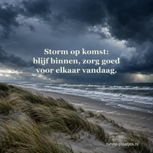 Donkere wolken hangen boven een onstuimig strand met wuivend duingras.