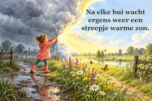 Een meisje trekt de regenwolken open boven een zonnige bloemenweide.